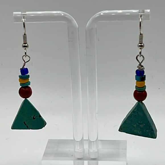 TURQUOISE, SPONGE CORAL, AND GLASS BEAD EARRINGS WITH STERLING SILVER HOOKS - Picture 2 of 6